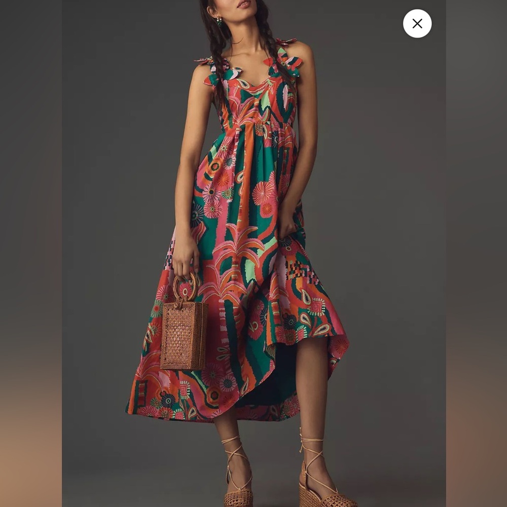 Farm Rio Pleated Palm Multicolor Midi Dress